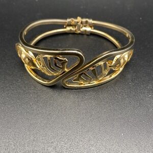 Signed Hong Kong Gold Tone Bangle Bracelet MCM Open Work Gold 2.25in